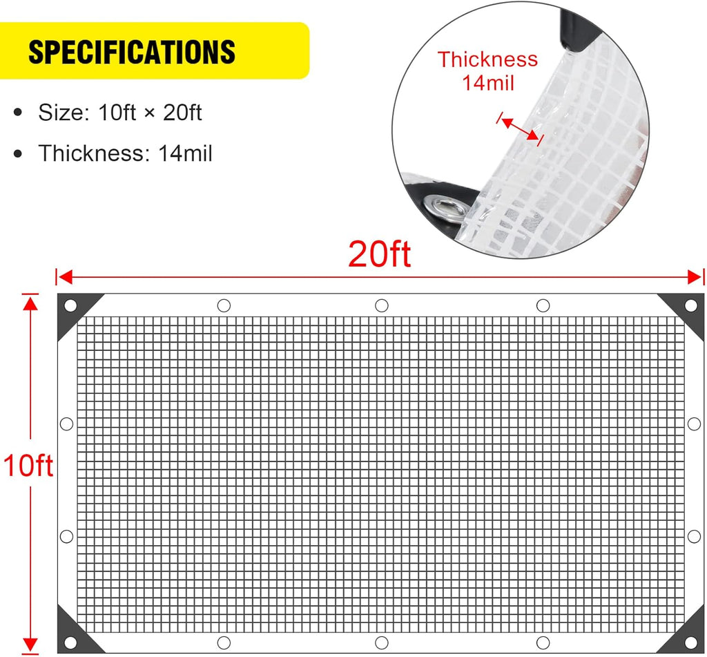 Clear Greenhouse Heavy Duty tarp 14 Mil Clear Waterproof Cover,UV Resistant Poly Tarp with Grommets 10x20ft Superior Strength,for Gardening, Farming, Nursery, Garden
