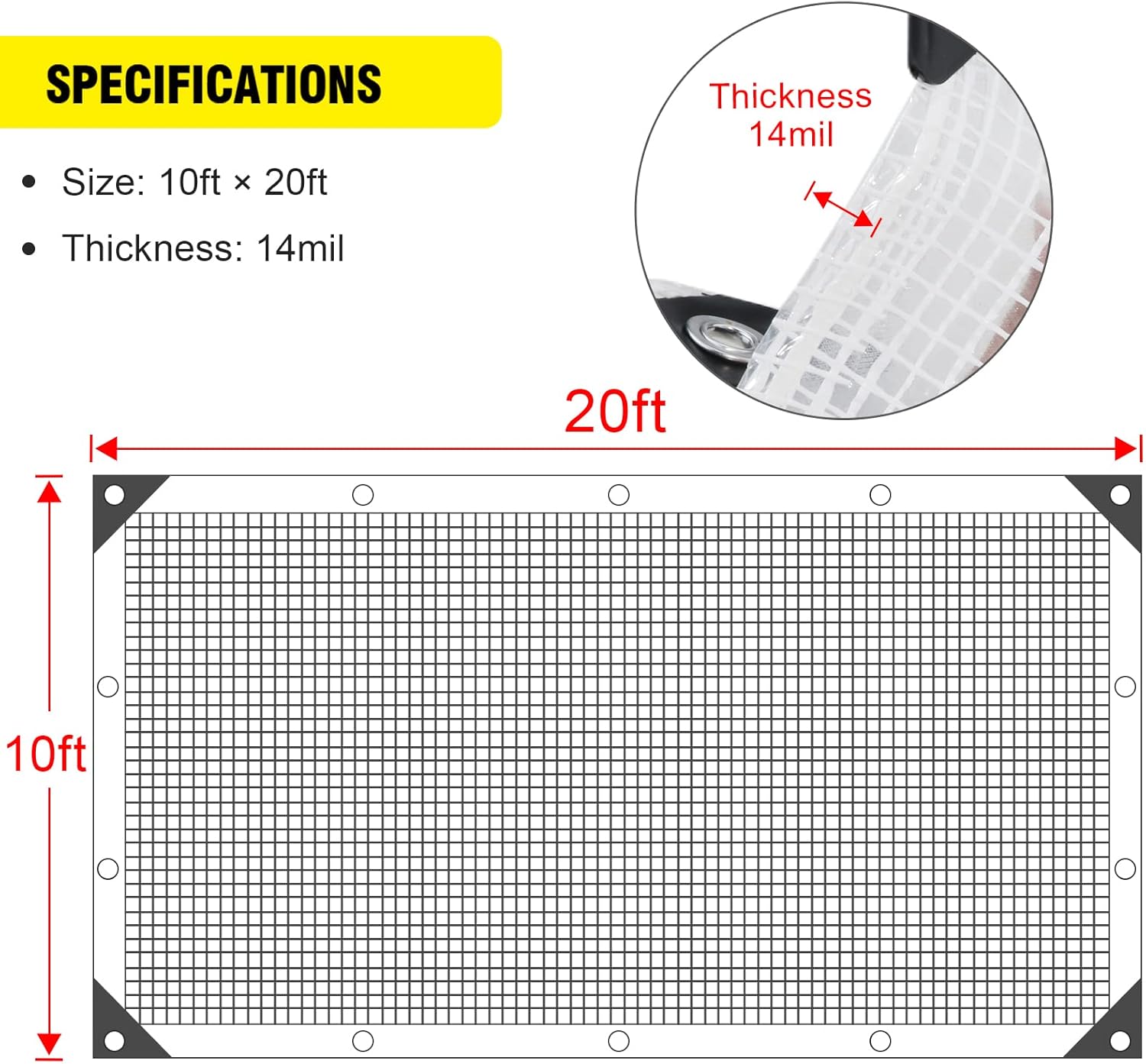 Clear Greenhouse Heavy Duty tarp 14 Mil Clear Waterproof Cover,UV Resistant Poly Tarp with Grommets 10x20ft Superior Strength,for Gardening, Farming, Nursery, Garden