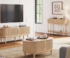 LINSY Fluted Console Table with Storage, Entryway Table Wood Entrance Tables for Front Door, Behind Couch Sofa Table with Shelves, Foyer Tables for Hallways, Living Room Boho Furniture, Light Wood