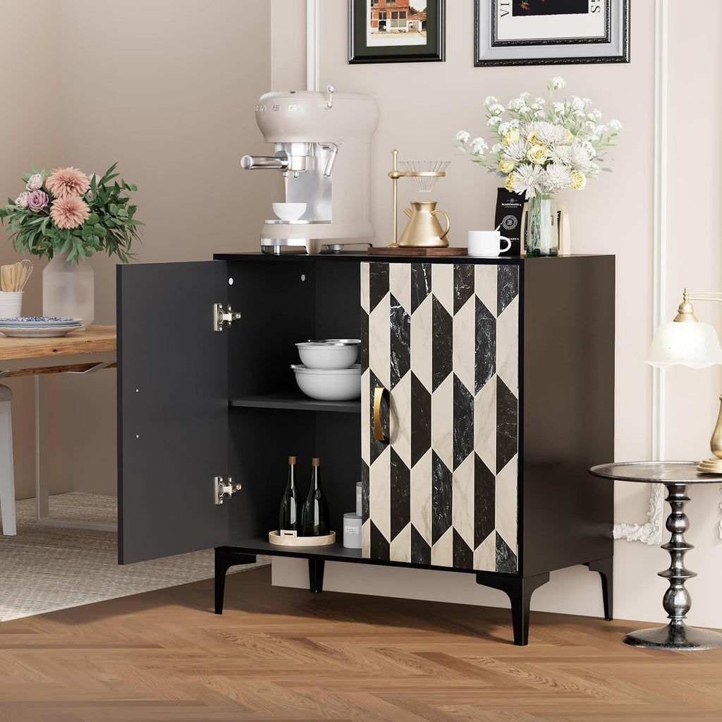 Anbuy Faux Marble Doors Sideboard Buffet Cabinbet with Storage Dining Room Buffet Cupboard Console Table Hallway, Liquor/Accent Cabinet/Geometric Cabinet, 30.7 X 15.75X 31.5 Inches(Black)