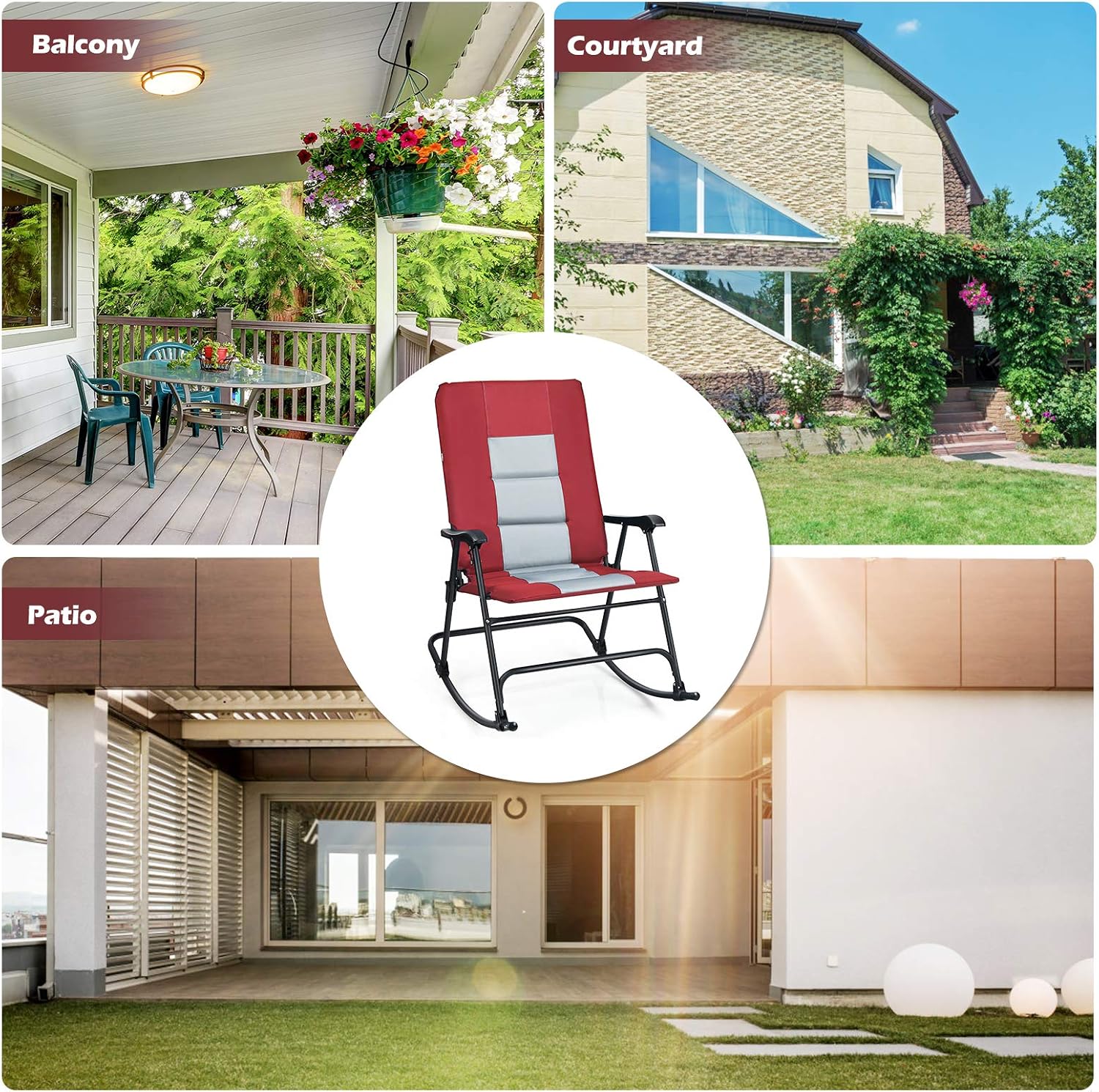 Giantex Camping Rocking Chair Foldable Oversized with Padded Armrest and Seat Folding Lawn Chair 350 lbs Weight Capacity for Outdoor, Patio, Lawn, Backyard, Garden Portable Chair (1, Red)