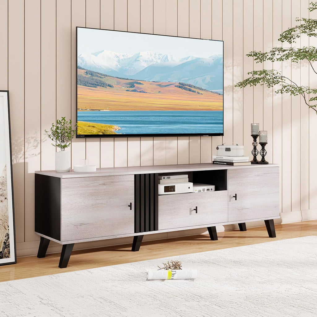 GIANTEX Mid Century Modern TV Stand for 65-80 Inch TV, Large Entertainment Center with Storage Drawer, 2 Side Cabinet &Open Shelf, Wood TV Console Table for Bedroom, Living Room