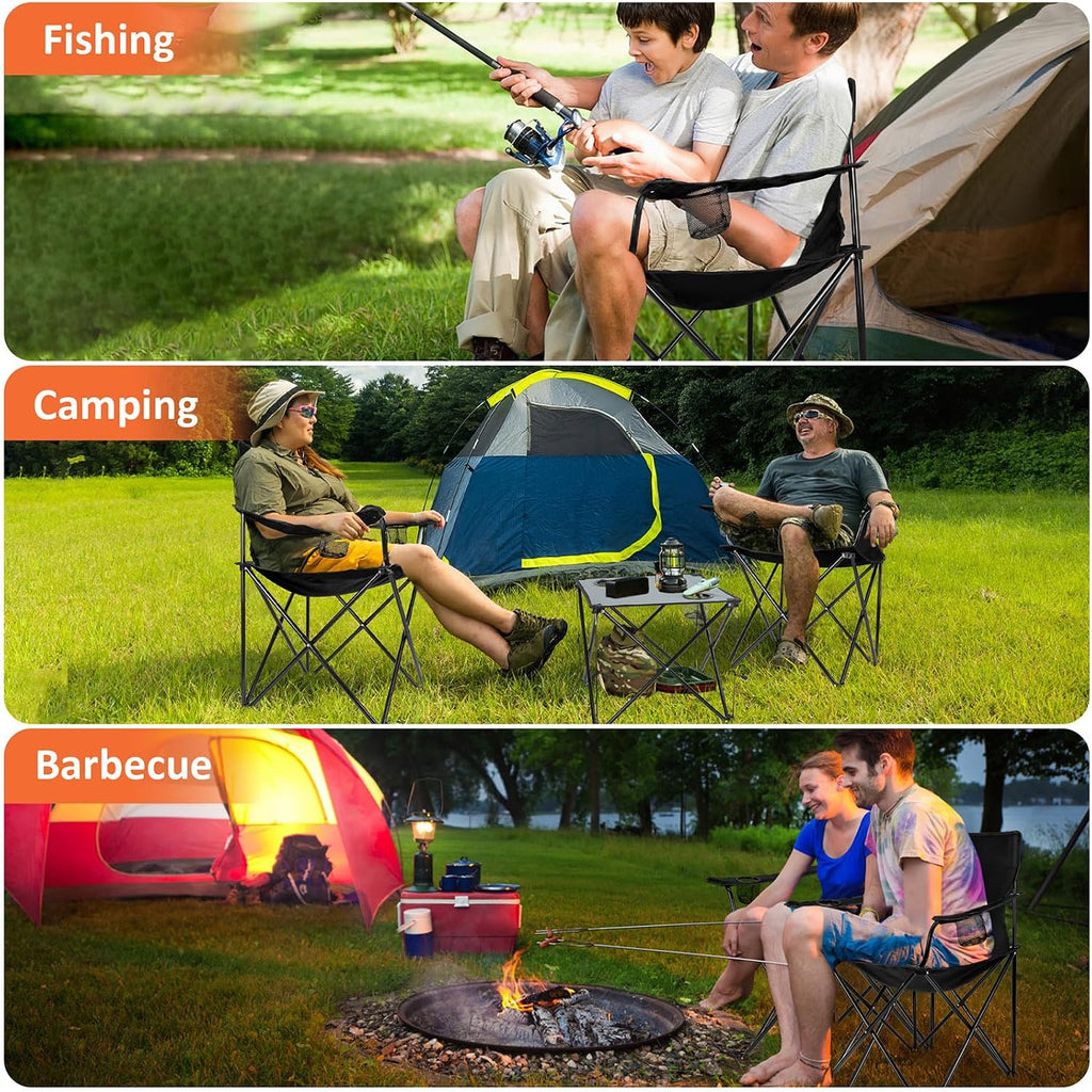 Leonyo 2 Pack Camping Chairs for Adults, Lawn Chairs with Table, Heavy Duty Folding Chairs for Outside Oversized & Comfy Sports Chair for Adults Fishing, Beach, Patio, Hiking, Lawn, Travel - Black