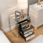 Silver Modern Mirrored Nightstand with 3 Drawers, Baked Curved Glass Bedside Table for Bedroom, Small Space End Table for Living Room