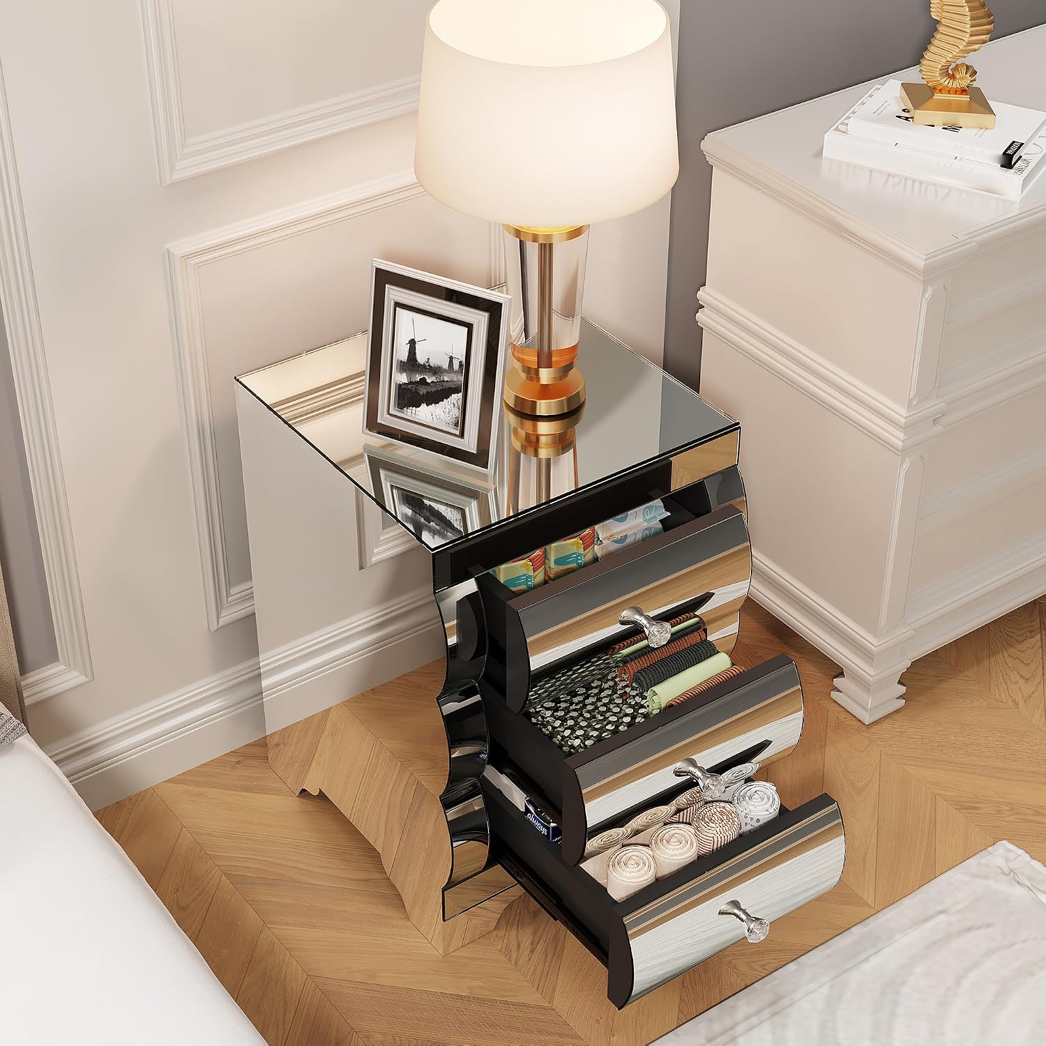 Silver Modern Mirrored Nightstand with 3 Drawers, Baked Curved Glass Bedside Table for Bedroom, Small Space End Table for Living Room