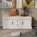 GDFStudio Jasd 42.50" Storage Bench with 2 Drawers and 2 Cabinets, Shoe Bench with Removable Cushion, Solid Wood Frame Storage Ottoman, Rectangular Cabinet Shoe Seat for Living Room Entryway, White