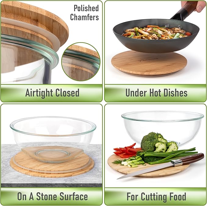 Glass Mixing Bowls Bamboo Lids - Lids are compatible with all Glass Mixing Bowls Set