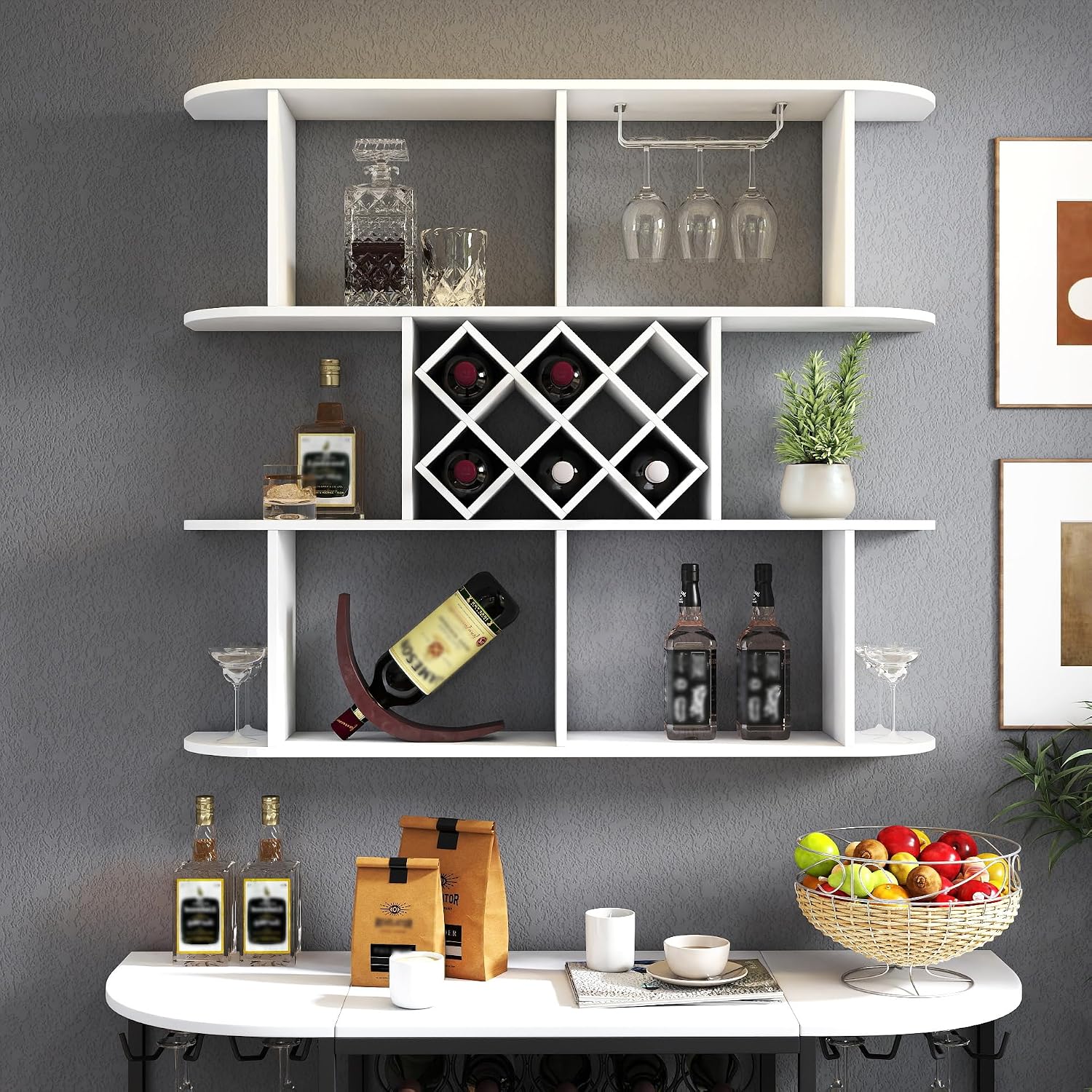 Large Wall Mounted 3 Tier Rustic Bottle Wine Rack - Multifunctional Wooden Wine Rack with Glass Holder for Home Bar & Dining Room Décor,White