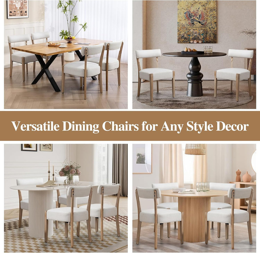 ZJhome Dining Chairs Set of 4, Mid-Century Modern Wooden Kitchen Chairs with Linen Upholstery - Low-Back Woven Design for Kitchen & Dining Room, Beige Fabric