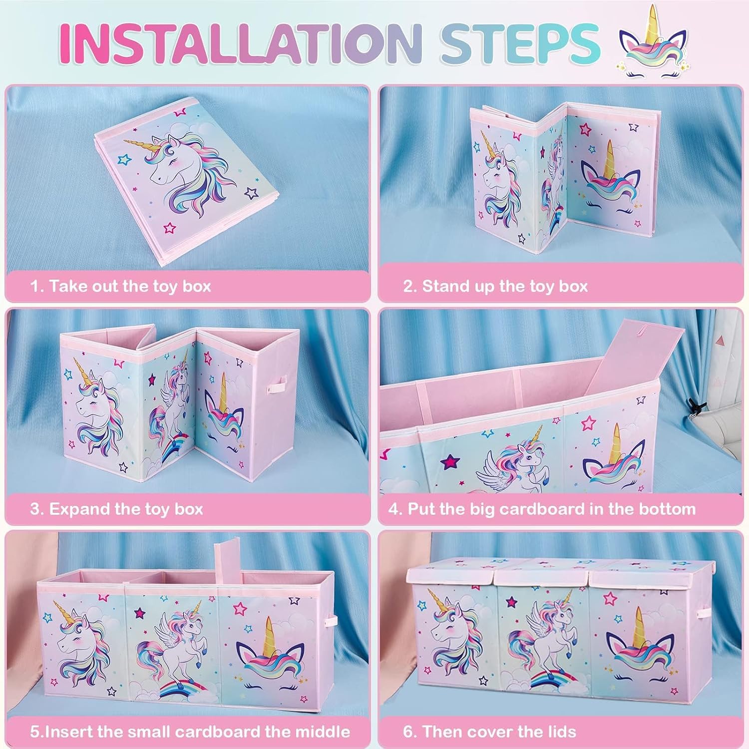WERNNSAI Extra Large Toy Chest,Unicorn Toy Box Chest Organizer with Handles | Collapsible Sturdy Storage Bin with Flip-Top Lid, 38 x 13 x 16 Inch for Kids Girls Pink Closet Nursery Living Room Bedroom