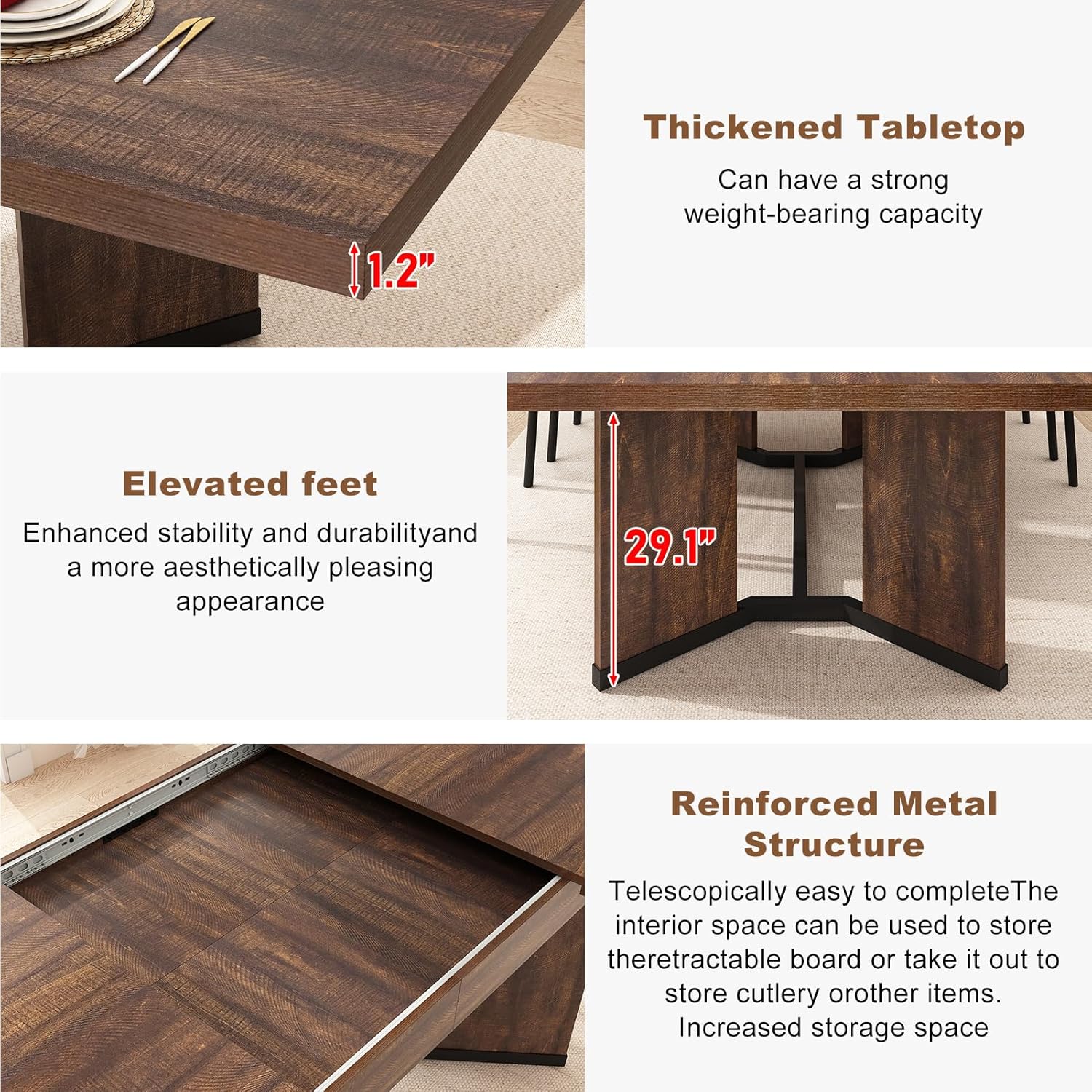 86 in Extendable Dining Table for 6 8 10 People,59"-86" Farmhouse Rectangle Extending Dining Table w/Removable Leaves Space Saving,Wooden Adjustable Tables for Kitchen Office Living Room (Brown)