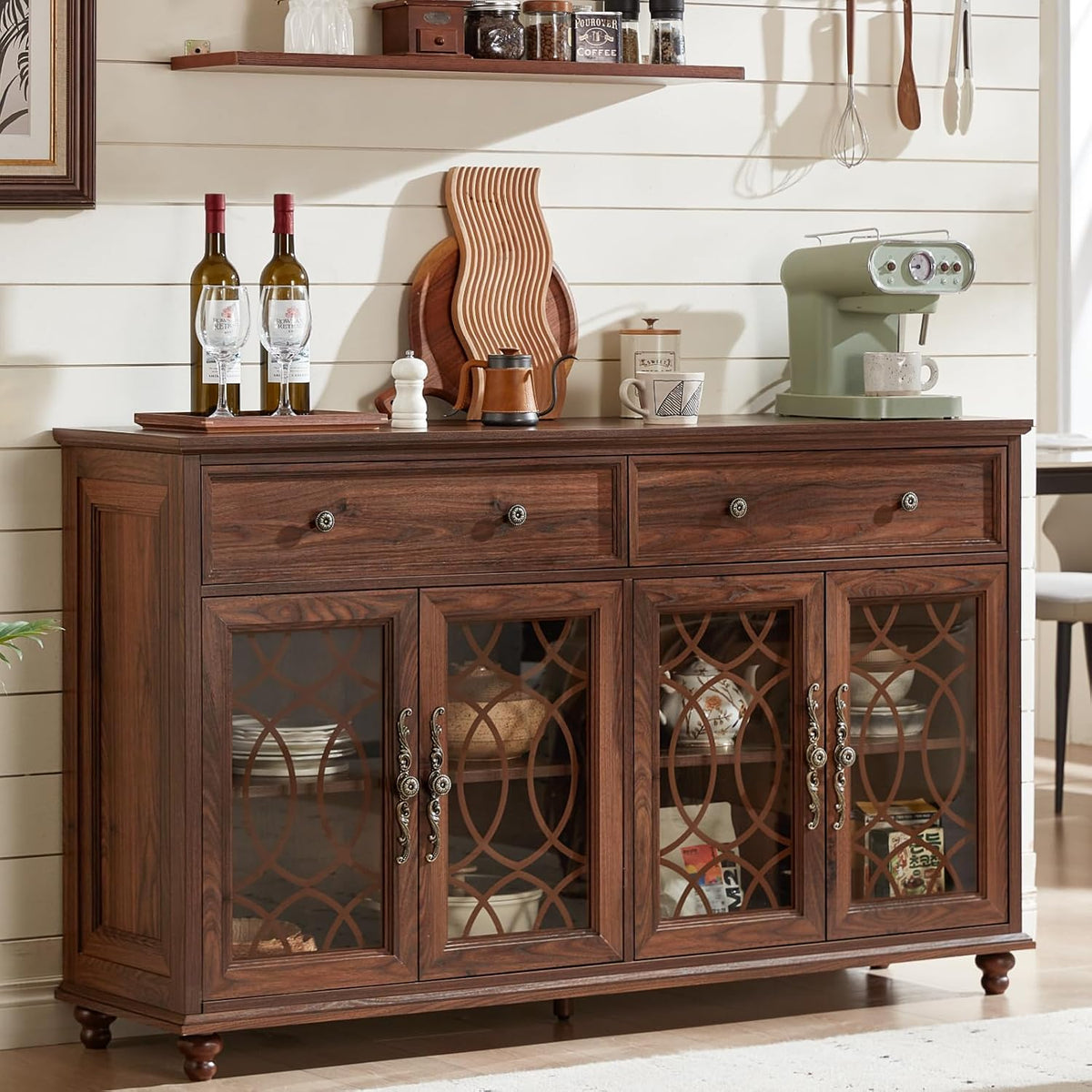 Joaxswe Farmhouse Sideboard Buffet Cabinet with Storage,59" Large Credenza with 4 Glass Doors & 2 Drawers,Adjustable Shelves Console Table,Wood Kitchen Coffee Bar for Dining Room,Living Room,Brown