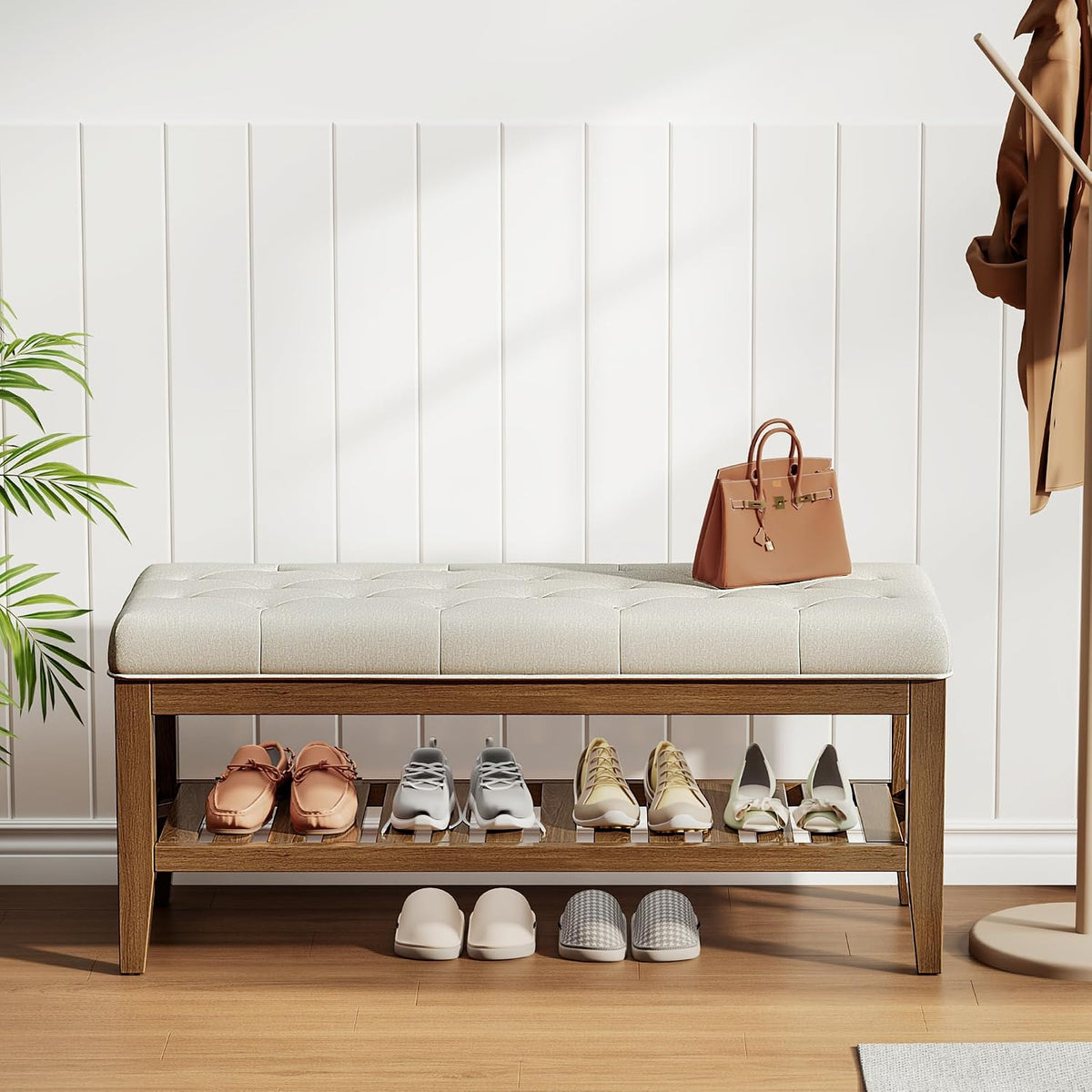REONEY 43" End of Bed Bench, Upholstered Bedroom Storage Ottoman Bench, Entryway Shoe Bench, Padded Window Seat with Solid Wood Legs, for Living Room, Hallway, Beige Linen