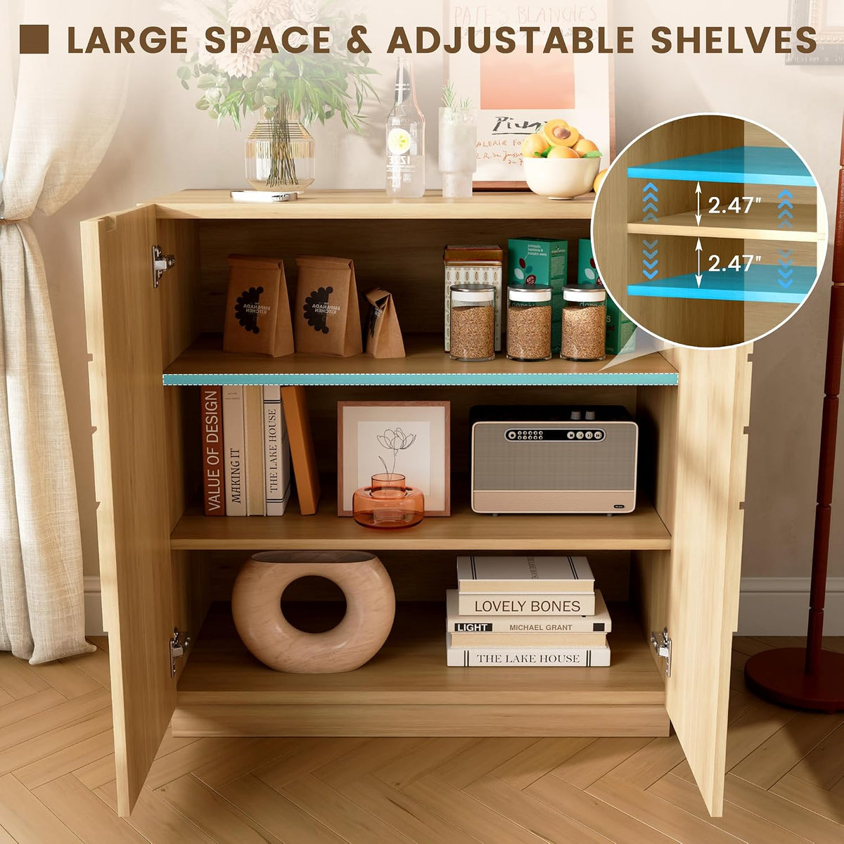 LVSOMT Sideboard Buffet Cabinet with Storage, Modern Accent Cabinet with Doors and Adjustable Shelve, 33" Wood Coffee Bar Cabinet for Kitchen, Entryway, Living Room, Wood