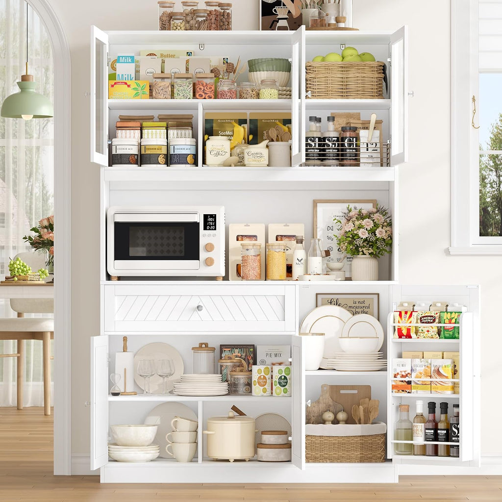 BOTLOG 72” Tall Kitchen Pantry Storage Cabinet, Modern White Kitchen Hutch with Large Storage Drawer, Countertop, Adjustable Shelves, Food Pantry Cabinets for Dining Room, Living Room