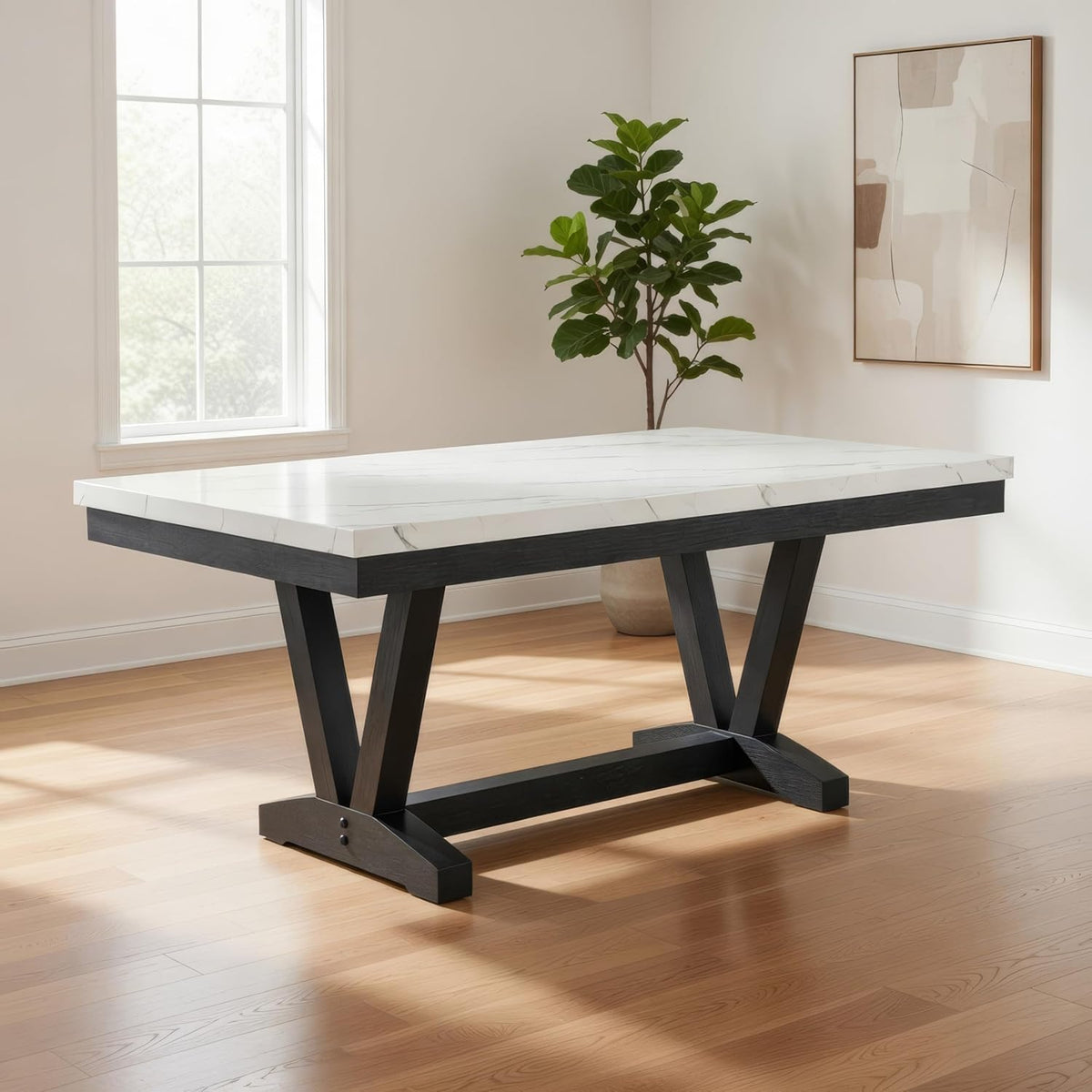 Benzara Vinz Dining Table, 72 Inch White Faux Marble Top, Black Trestle Base