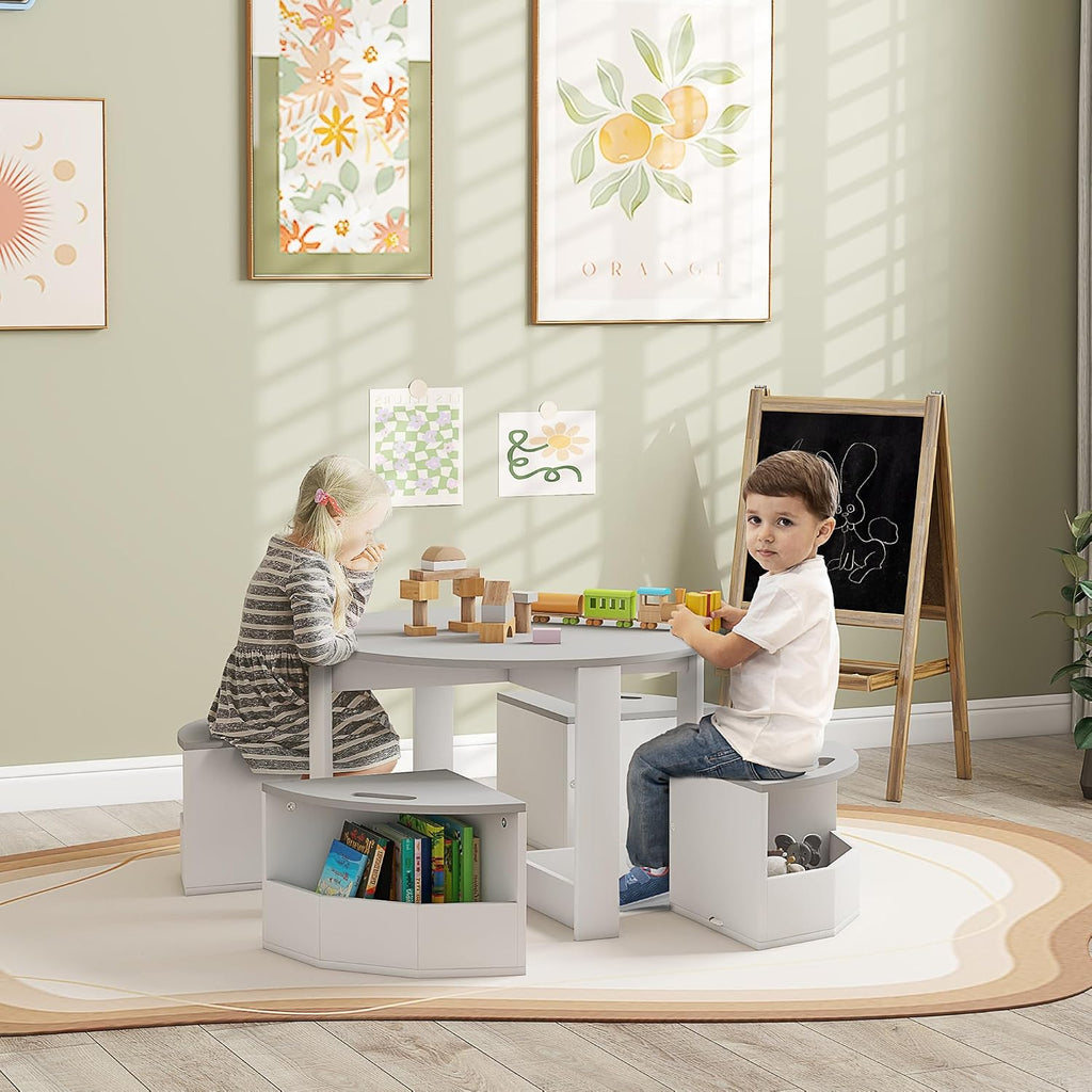 5-Piece Kids Table and Chair Set with Storage for Art and Play | Gray Activity Furniture for Drawing, Crafts, Classrooms, Nurseries, and Playrooms