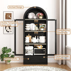 75" Tall Arched Kitchen Pantry Cabinet w Load-Bearing Steel Pipe,Modern Farmhouse Kitchens Storage Cabinet with Drawer and Glass Doors,Tall Arched Bookcase,Pantry Organizer(Woodgrain Black)