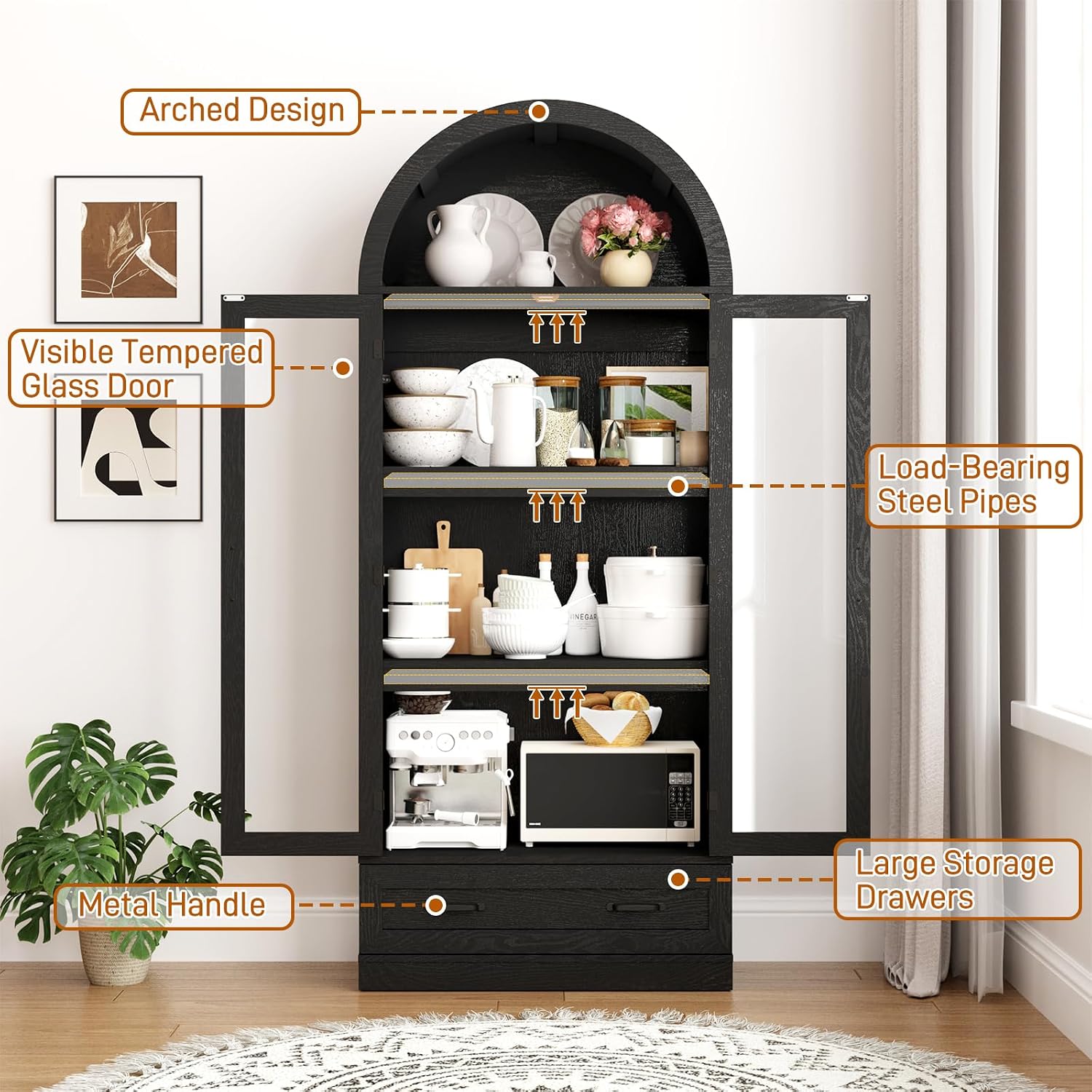 75" Tall Arched Kitchen Pantry Cabinet w Load-Bearing Steel Pipe,Modern Farmhouse Kitchens Storage Cabinet with Drawer and Glass Doors,Tall Arched Bookcase,Pantry Organizer(Woodgrain Black)