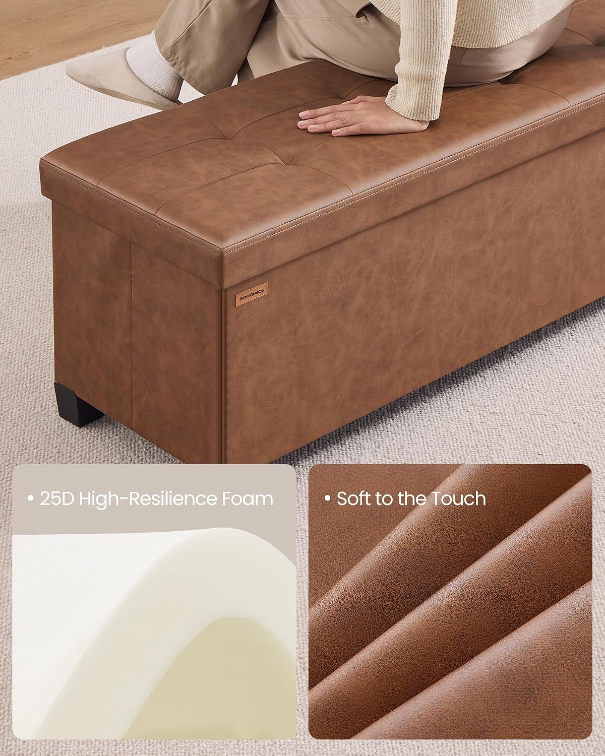 SONGMICS Storage Ottoman Bench with Legs, Flipping Lid, 43.3 Inches | Folding Ottoman Foot Rest, PU Leather, for Living Room, Bedroom, Entryway, Coffee Brown, Mazie Collection ULSF085KQ01