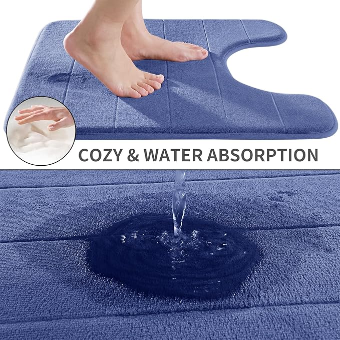 Yimobra Memory Foam Toilet Bath Mat U-Shaped, Soft and Comfortable, Super Water Absorption, Non-Slip, Thick, Machine Wash and Easier to Dry for Bathroom Commode Contour Rug, 24 X 20 Inches, Navy Blue