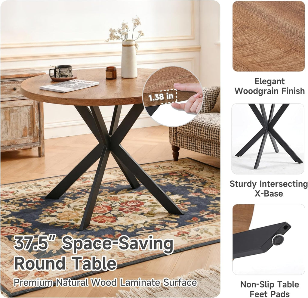 Howtek 5-Piece Kitchen Table Set, 37-Inch Faxu Wood Round Dining Table, White Upholstered Kitchen Side Chairs with Backrest & Metal Legs for Breakfast Nook, Dining Room, Office, Kitchen