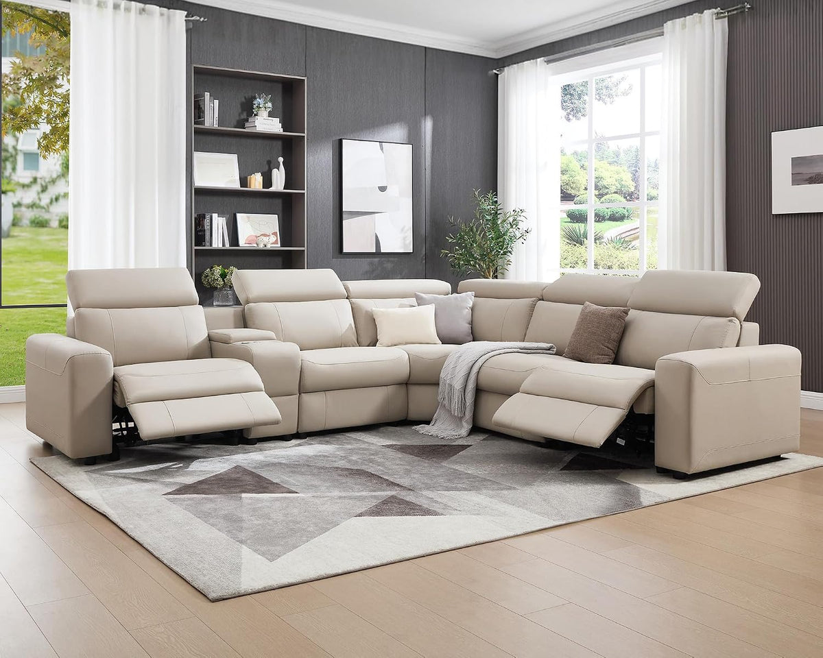 Power Reclining Sectional, Sectional Recliner, Leather Reclining Sectional | Electric Reclining Couch with Storage & USB, Console, Adjustable Headrest & Cup Holders for Living Room, 5-Seater Beige Brown