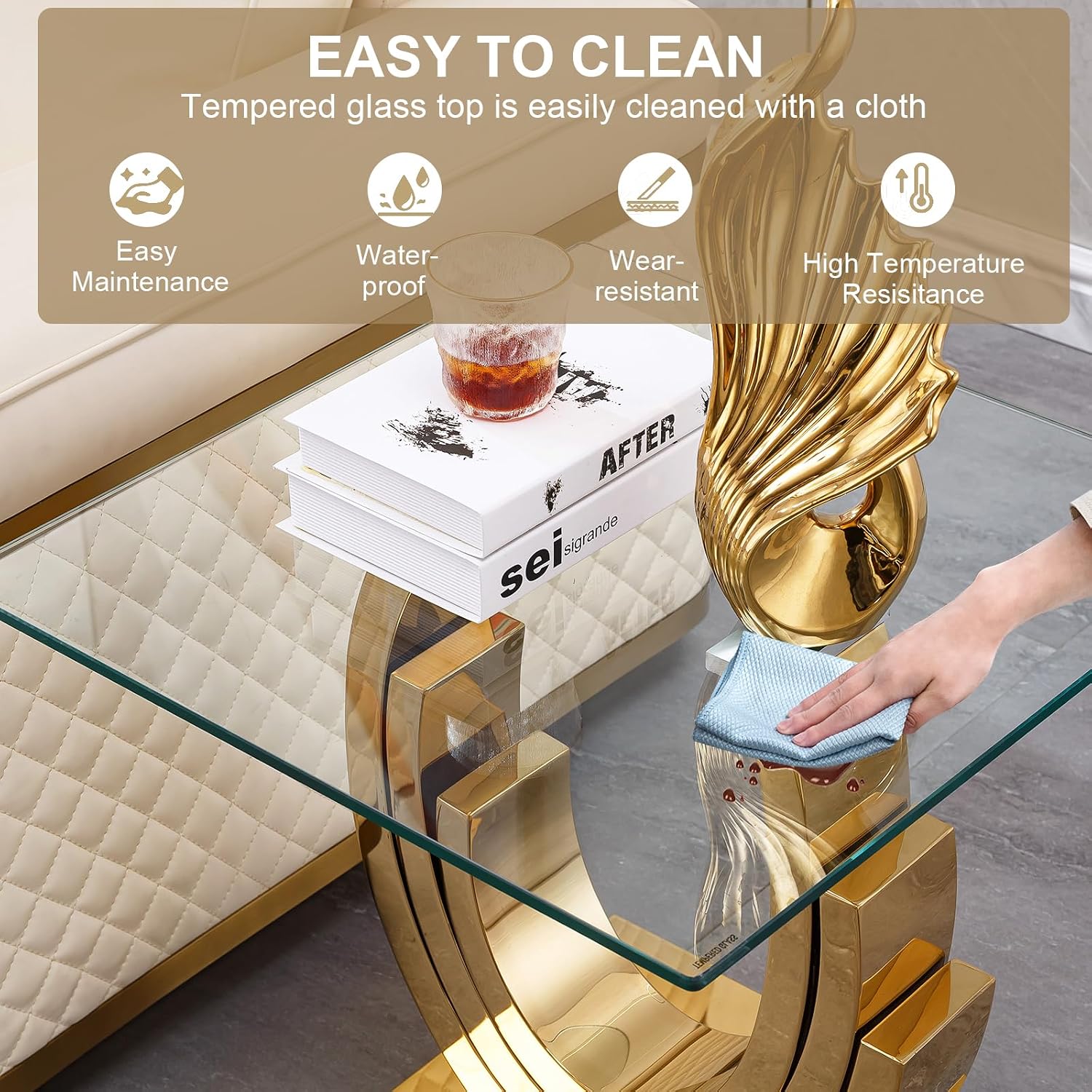 Gold Glass End Table, Modern 22.8" Square Sofa Side Table for Living Room, Tempered Glass End Bedside Table Nightstand with Ring-Shape Stainless Steel Base for Bedroom Home Office