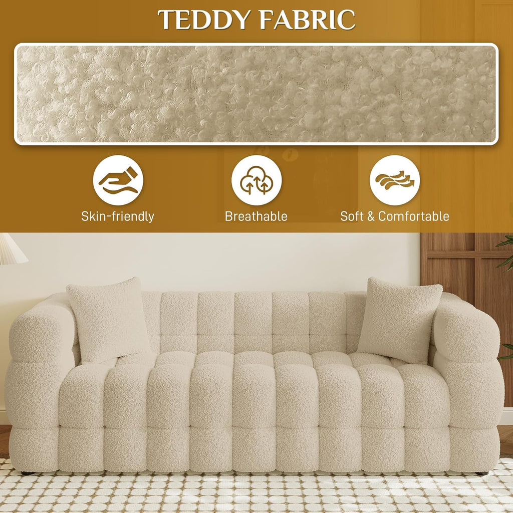 Wrofly Boucle Sofa Couch, 74.8" Comfy Upholstered Sherpa Sofa, Tufted Cozy 3-Seater Deep Seat Cloud Couch, Modern Oversized Loveseat with 2 Pillows for Living Room Apartment Office, Light Brown