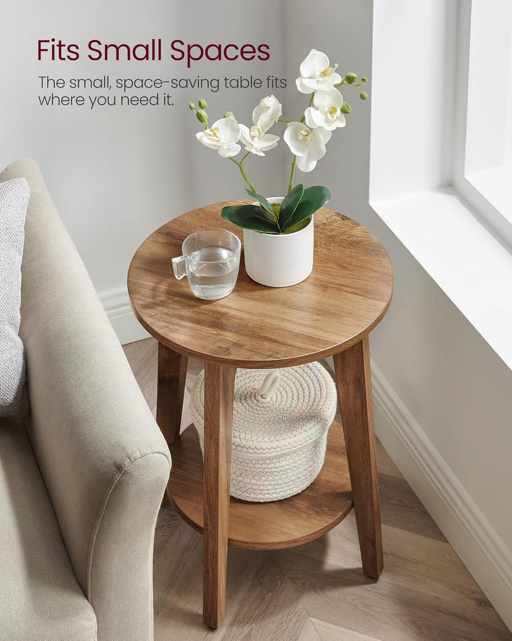VASAGLE MAEZO Collection - Side Table, 2-Tier Small Round End Table, Nightstand with Tapered Legs, Curved Transitions, for Small Spaces, Living Room, Bedroom, Honey Brown ULET283T41