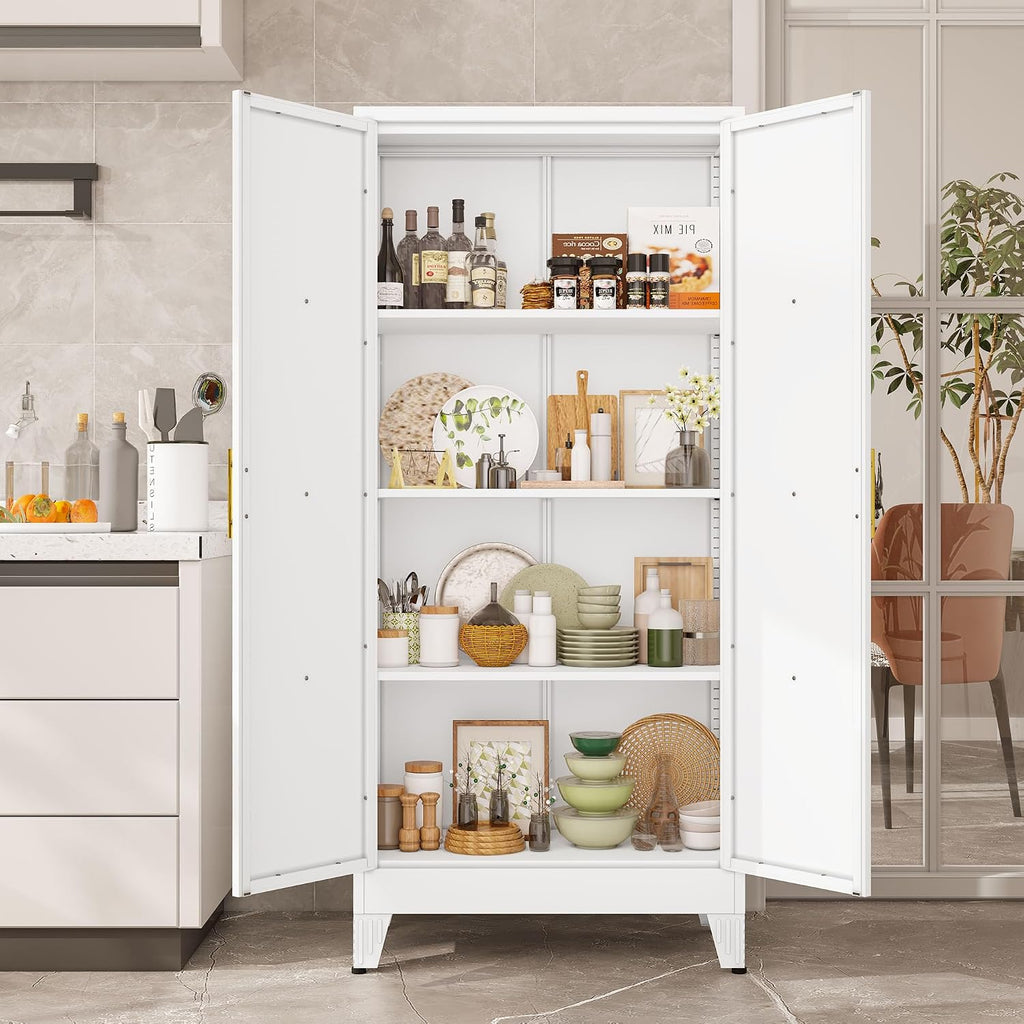 61" Kitchen Pantry Cabinet, Metal Storage Cabinet with 2 Doors and 3 Adjustable Shelves, White Food Pantry Cupboard for Kitchen, Dining Room, Living Room and Bathroom (White)