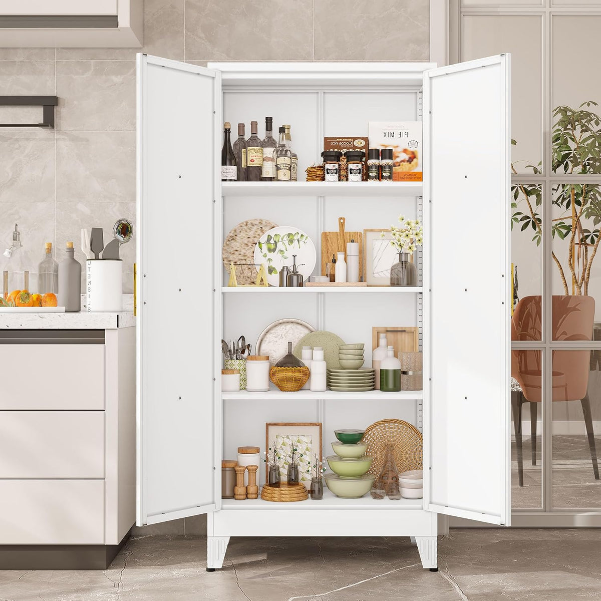61" Kitchen Pantry Cabinet, Metal Storage Cabinet with 2 Doors and 3 Adjustable Shelves, White Food Pantry Cupboard for Kitchen, Dining Room, Living Room and Bathroom (White)