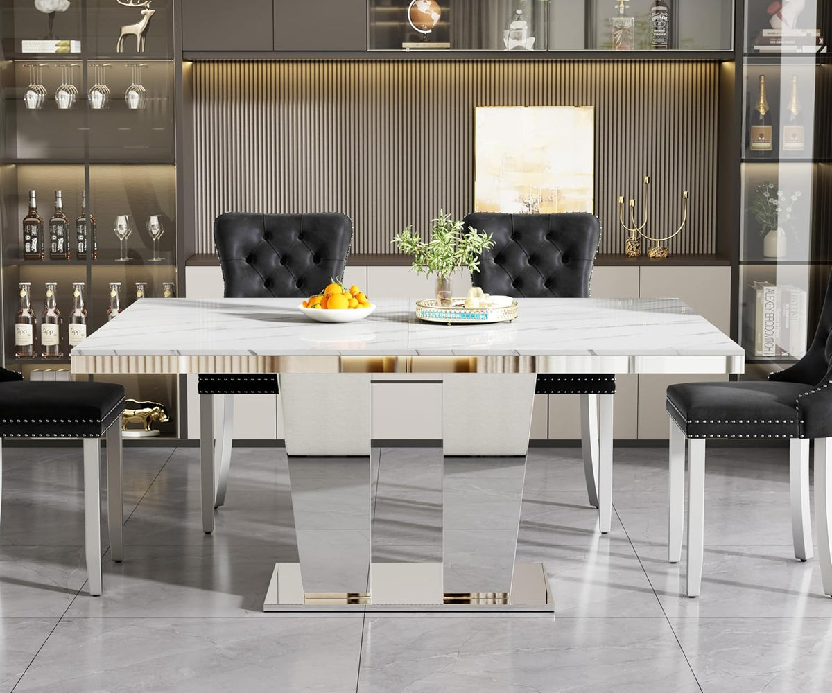 94.5“ Rectangular Dining Table for 6 8 10, Modern White Extendable Kitchen Table, Large Long Dining Room Table with Mirrored Pedestal for Dining Kitchen Living Room