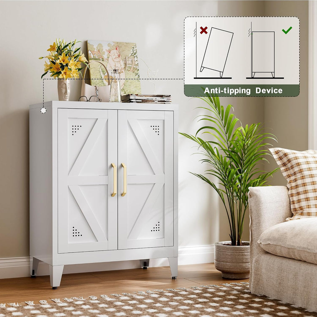 32" Metal Bathroom Storage Cabinet,Floor Storage Cabinet with 2 Doors and 2 Adjustable Shelves,Freestanding Sideboard for Small Spaces, Hallway, Dining Room,White