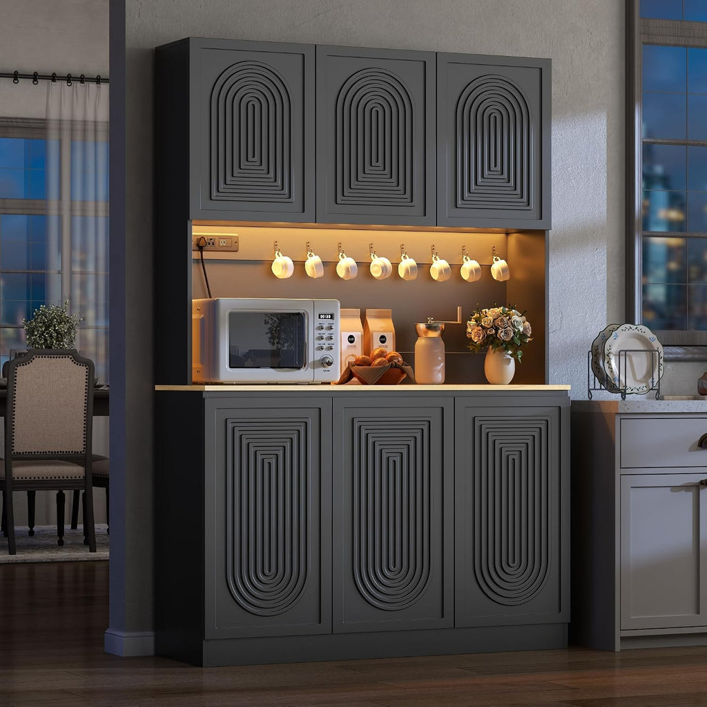 Gyfimoie 71" Kitchen Pantry with Power Outlet & LED Light, Large Kitchen Hutch Cabinet with Adjustable Shelf, Modern Buffet Cabinet with 6 Doors, Food Pantry Storage for Dining Room (Black-6 Doors)
