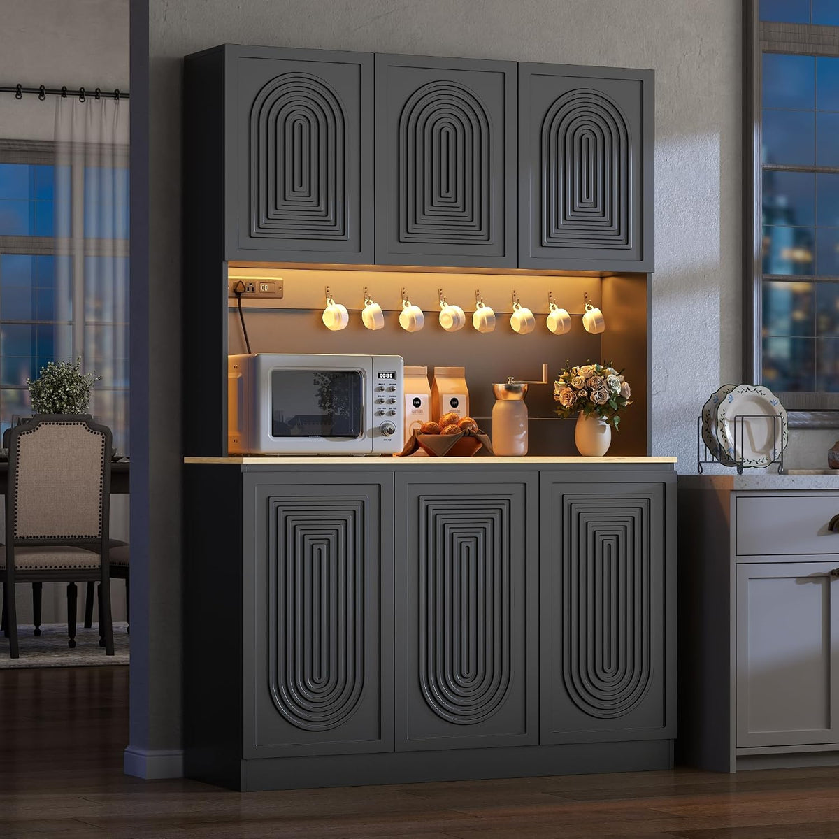 Gyfimoie 71" Kitchen Pantry with Power Outlet & LED Light, Large Kitchen Hutch Cabinet with Adjustable Shelf, Modern Buffet Cabinet with 6 Doors, Food Pantry Storage for Dining Room (Black-6 Doors)