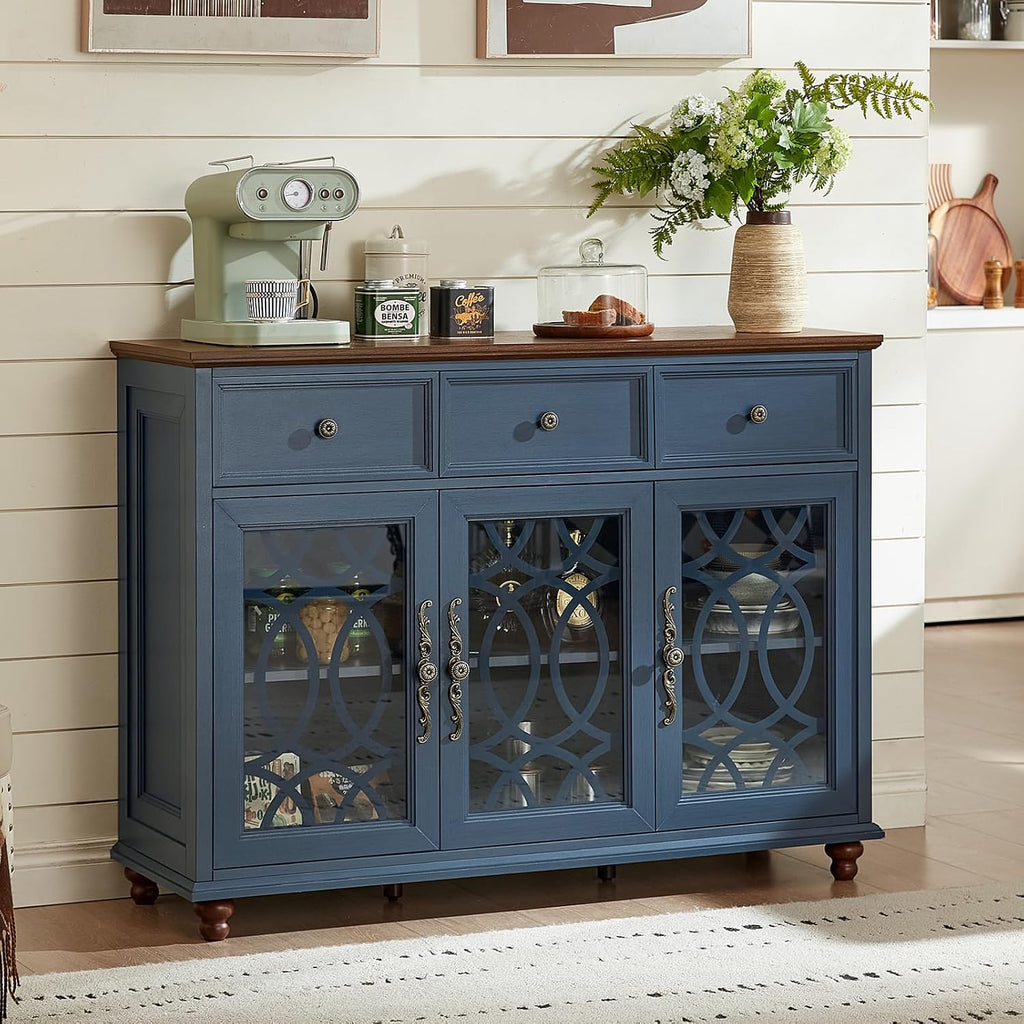 Joaxswe Farmhouse Sideboard Buffet Cabinet with Storage,48" Large Credenza with 3 Glass Doors & 3 Drawers,Adjustable Shelves Console Table,Wood Kitchen Coffee Bar for Dining Room,Living Room,Navy Blue