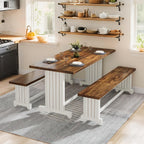 Tribesigns 47-Inch Small Dining Table Set for 2, 3-Piece Kitchen Table with 2 Benches, Farmhouse Wood Dinner Furniture for Narrow Space, Apartment, White & Rustic Brown