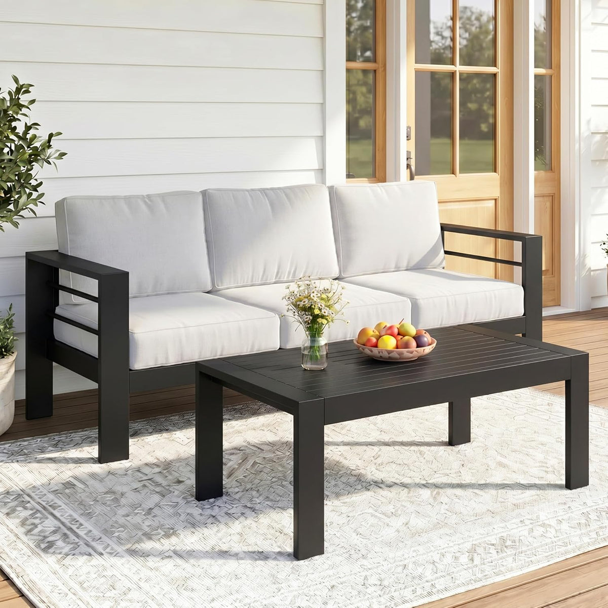 Solaste Aluminum Patio Sofa with Coffee Table,2 PCS Patio Furniture Set with Cushions, All-Weather Outdoor Sofa for Balcony, Deck, Backyard, Porch, Garden, Light Grey