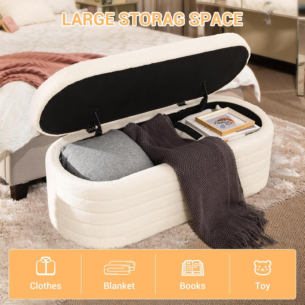 Teddy Sherpa Storage Ottoman Bench End of Bed, White | Modern Boucle, Oval Design, Safety Hinge Lid, Hidden Storage, Window Seat, Living Room, Bedroom, Entryway, No Assembly