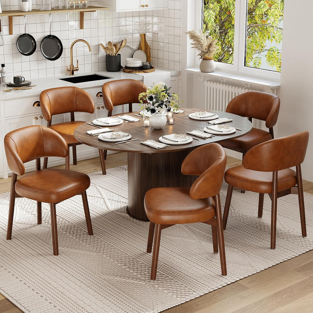 MALOL 47"-63" Extendable Round to Oval Dining Room Table Chairs Set for 4-8, Modern Wooden Kitchen Table and Chairs with Hidden Storage and Fluted Design for Dining Room/Small Space(Walnut and Brown)