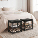 Small Shoe Storage Bench with PU Leather Seat Cushion, 3-Tier Freestanding Shoe Rack Organizer for Entryway, Heavy-Duty Metal Mesh Shelves, Supports Up to 300 lbs, Black (15.7"x11.4"x17.5")