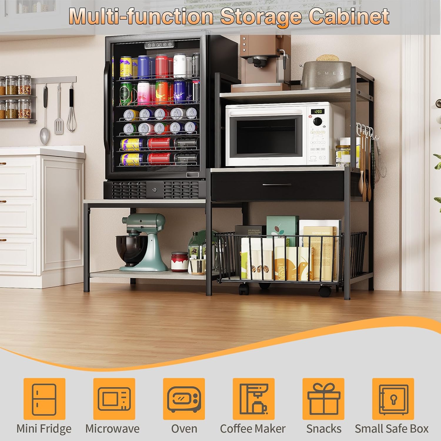 kepptory Mini Fridge Stand with Storage, Mini Refrigerator Stand with Power Outlet, Wine Fridge Table with Movable Storage Basket, Heavy Duty Beverage Refrigerator Table for Dorm Home Use, Gray