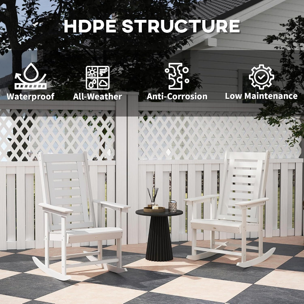 Outsunny Outdoor Rocking Chairs Set of 2 HDPE Patio 28" High Back White | Wide Armrests, All-Weather Slatted Porch Rockers, Garden, Balcony, Fire Pit