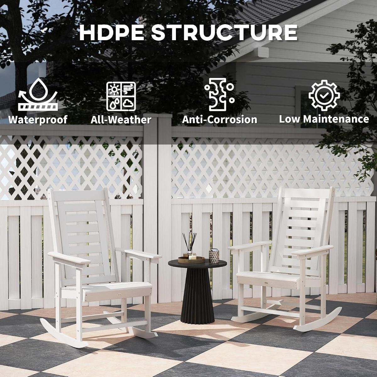 Outsunny Outdoor Rocking Chairs Set of 2 HDPE Patio 28" High Back White | Wide Armrests, All-Weather Slatted Porch Rockers, Garden, Balcony, Fire Pit