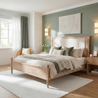 Merax Queen Size Solid Wood Platform Bed Frame, Upholstered Headboard & Classic Spindle & with Fabric Panel, No Box Spring Needed, 500 lbs Capacity Timeless Traditional for Bedroom, Natural