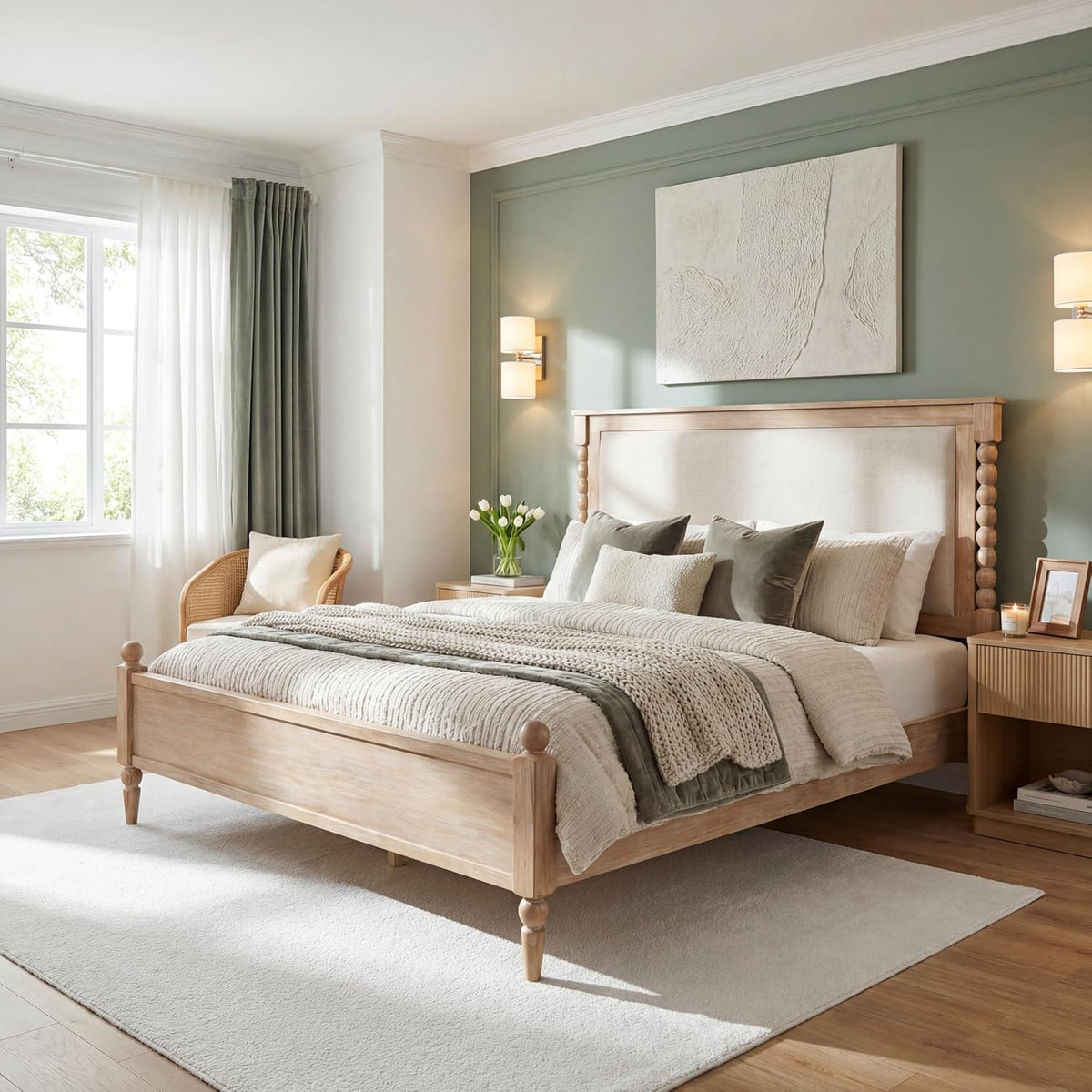 Merax Queen Size Solid Wood Platform Bed Frame, Upholstered Headboard & Classic Spindle & with Fabric Panel, No Box Spring Needed, 500 lbs Capacity Timeless Traditional for Bedroom, Natural