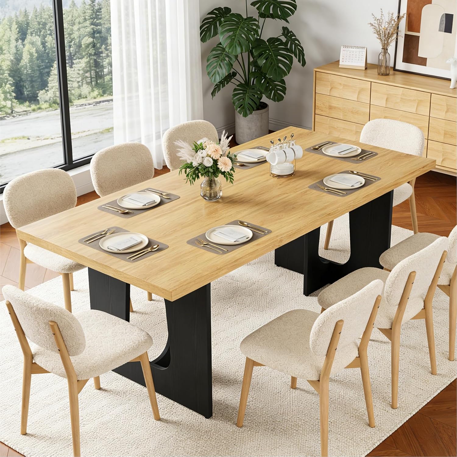 GarveeHome Dining Table for 6-8 People - 71" Modern Long Kitchen Table with Large Tabletop & Heavy Duty Pedestal Legs, Dinner Table for Kitchen, Conference Room, Home, Natural & Black