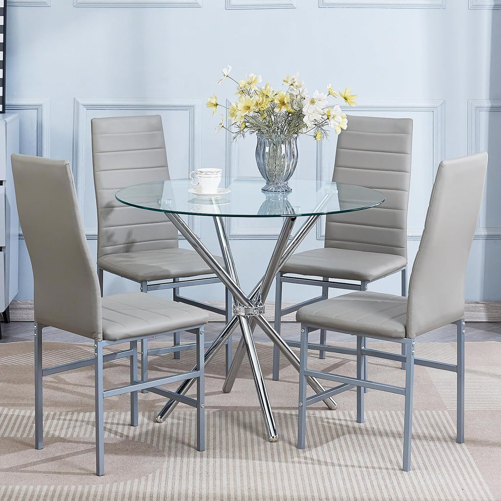5 Pieces Round Dining Room Set for 4 Contemporary Glass Kitchen Table with 4 PU Chairs Set Compact Silver Legs Glass Table with Grey Chairs Set for Small Space/Apartment