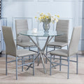 5 Pieces Round Dining Room Set for 4 Contemporary Glass Kitchen Table with 4 PU Chairs Set Compact Silver Legs Glass Table with Grey Chairs Set for Small Space/Apartment